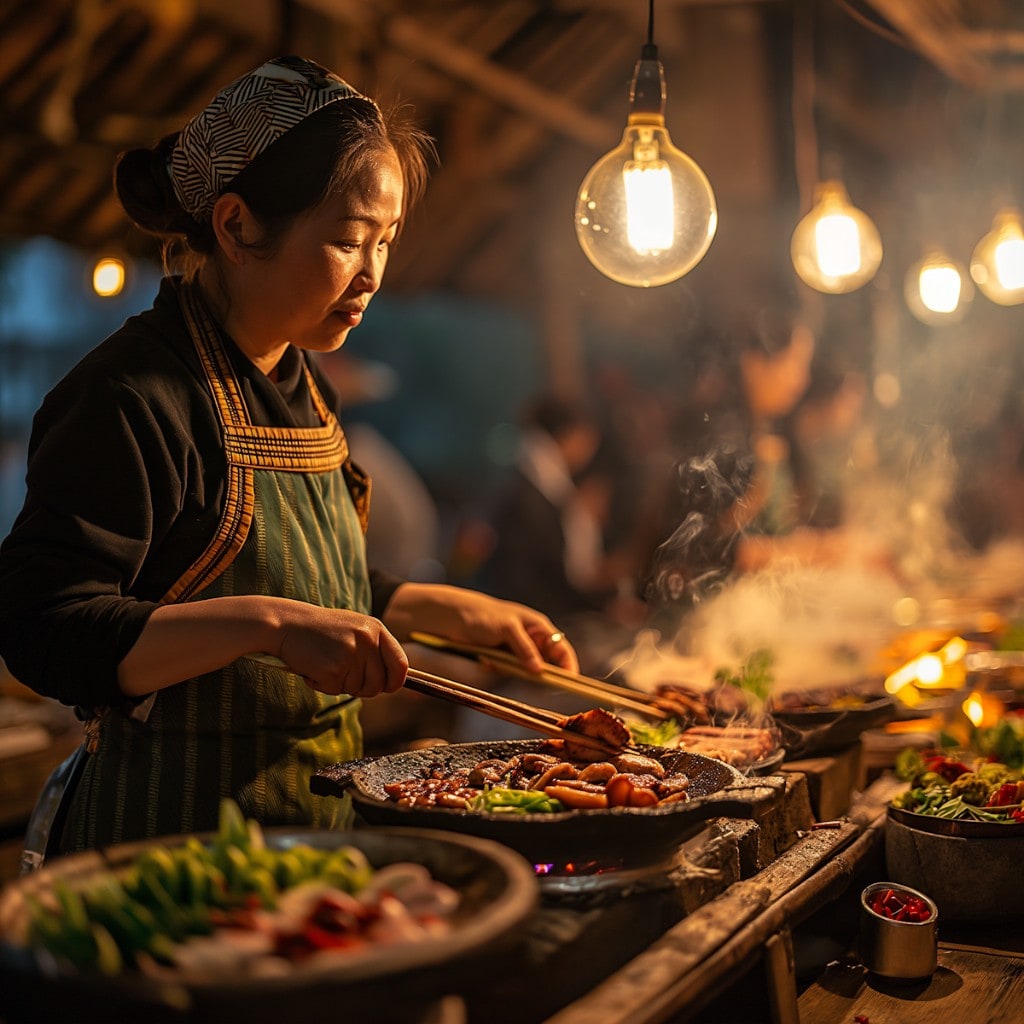 Food maker grilling fresh dishes at a night market stall